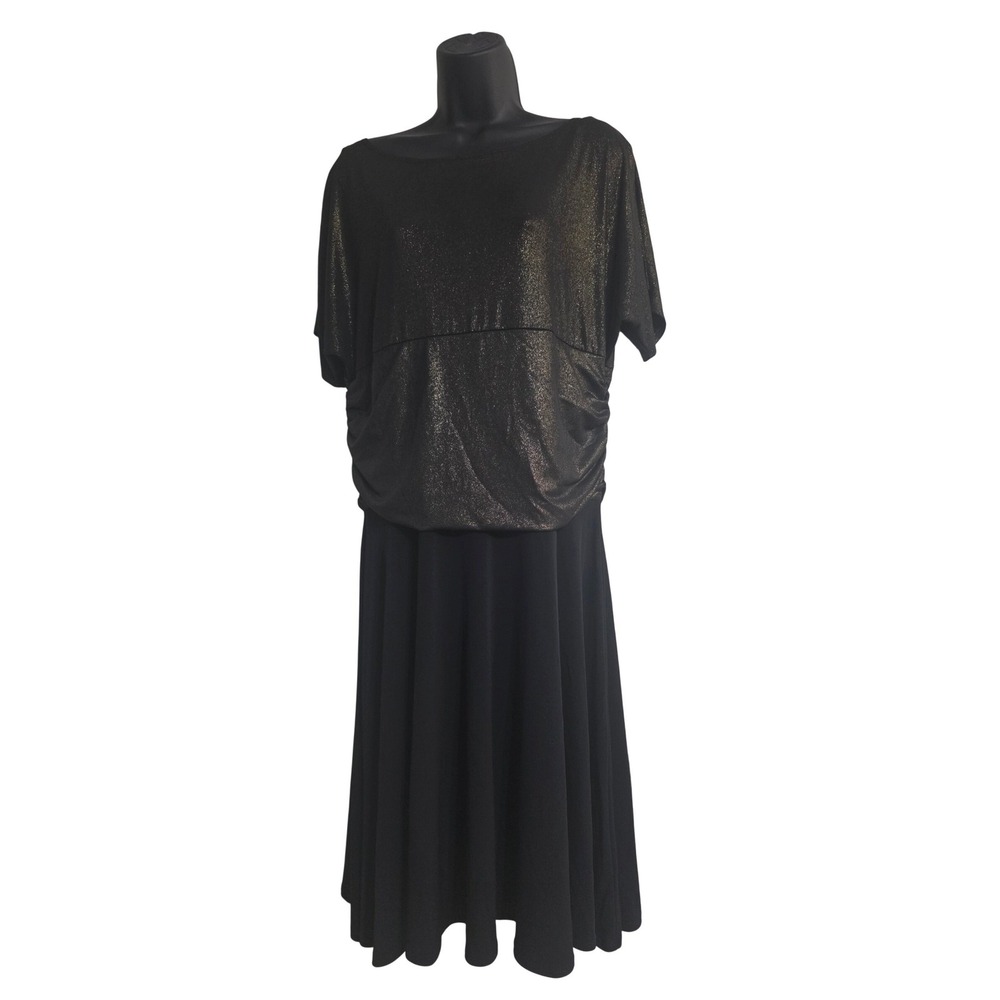 En Focus‎ Women 16W Black Gold Metallic Blouson Midi Dress Short Sleeve Party
